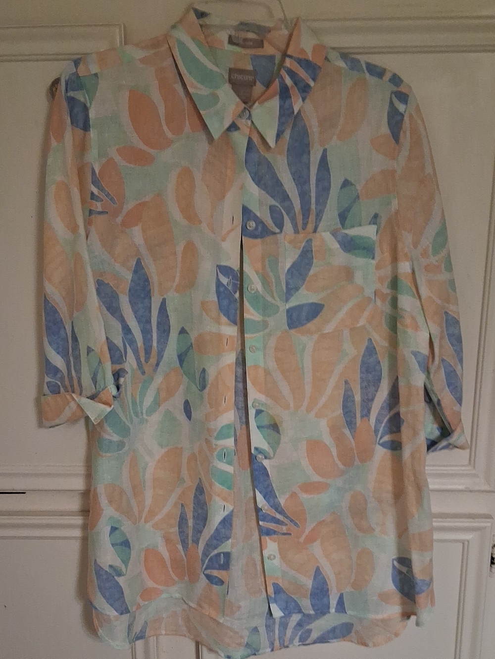 Chico's Pastel Leaf Button-Down Shirt - Mint, Peach & Blue